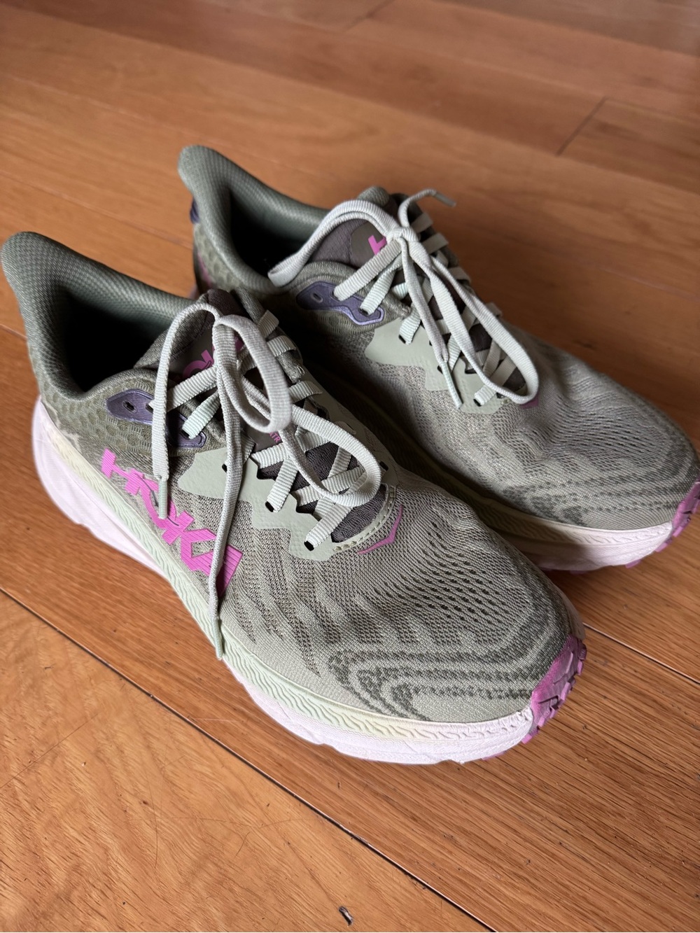 Hoka Women's Olive Green Athletic Shoes with Pink Accents